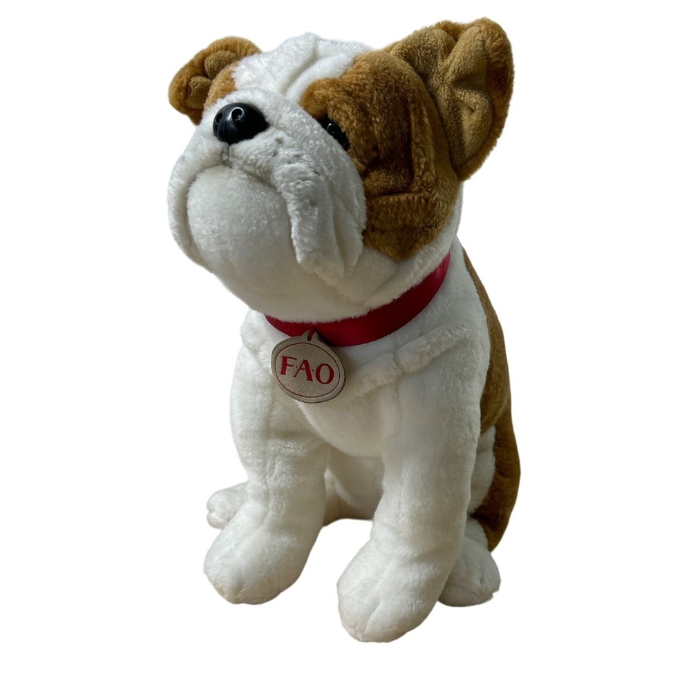 FAO Schwarz Plush Bulldog Dog 14" Button Seam Tag 2015 Red‎ Collar